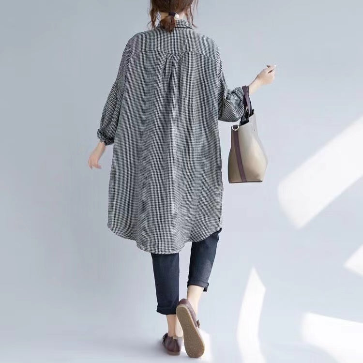 Black and White Plaid Lapel Buttoned Cotton and Linen Mid-Length Shirt Top