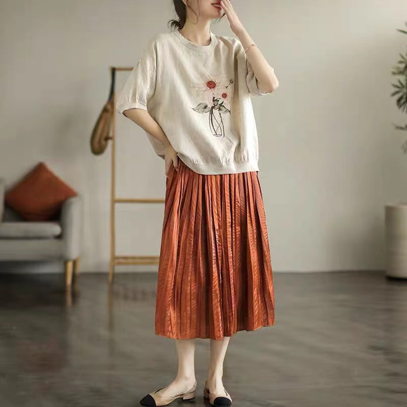 Loose Cotton Linen Printed Short Sleeve T-Shirt Top