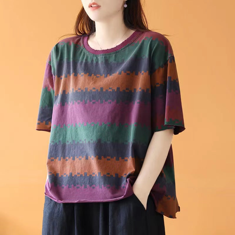 Colorblocked Striped Rolled Hem Casual Short Sleeve T-Shirt Top