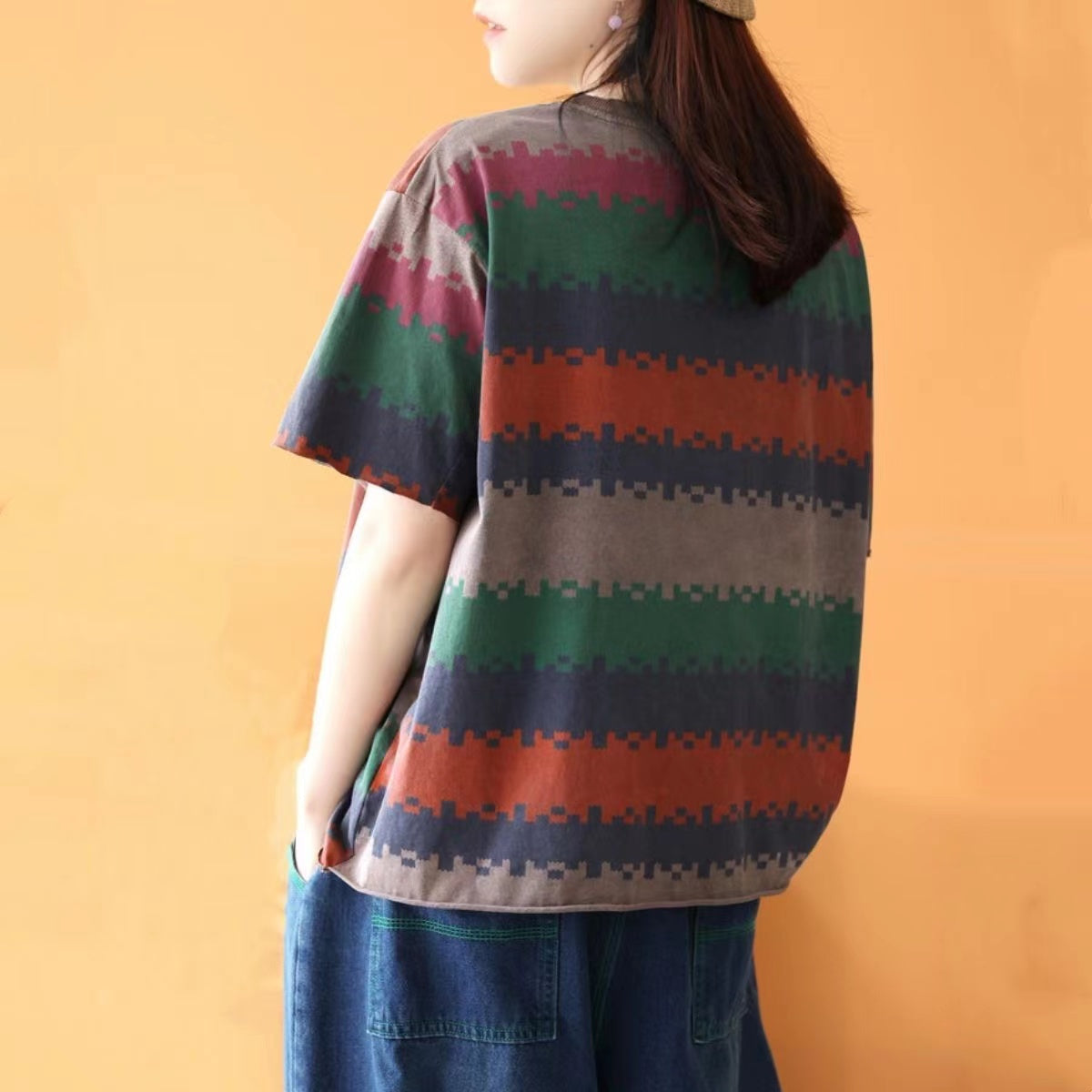 Colorblocked Striped Rolled Hem Casual Short Sleeve T-Shirt Top