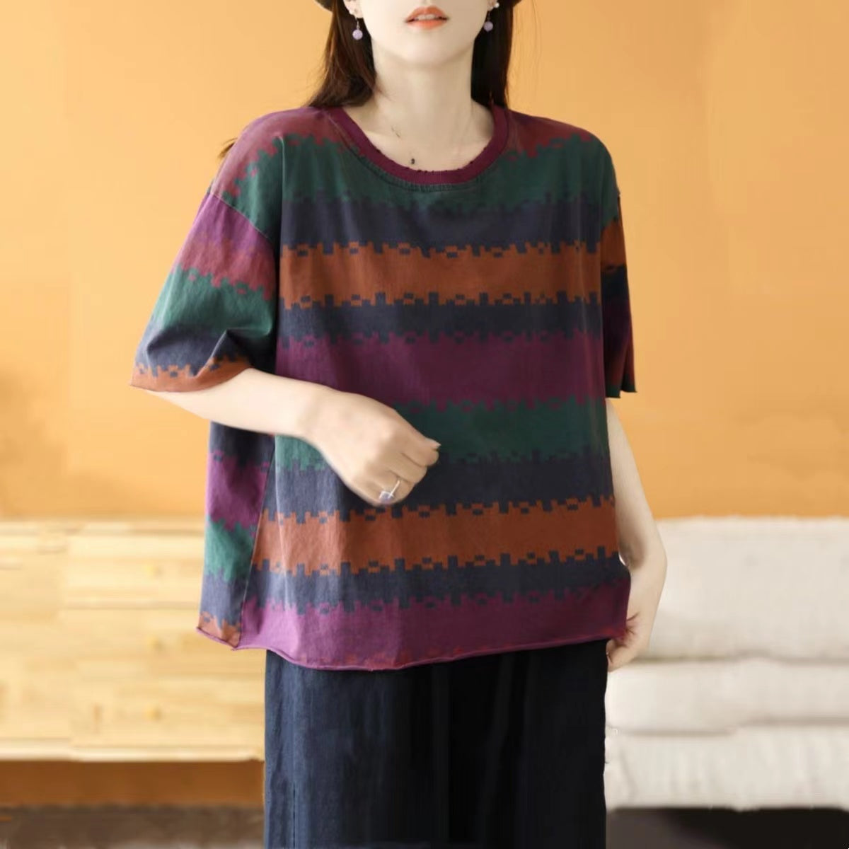 Colorblocked Striped Rolled Hem Casual Short Sleeve T-Shirt Top