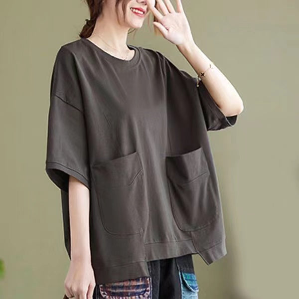 Simple Irregular Hem Round Neck Short Sleeve T-Shirt Top