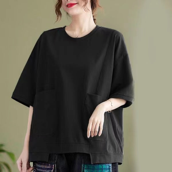Simple Irregular Hem Round Neck Short Sleeve T-Shirt Top