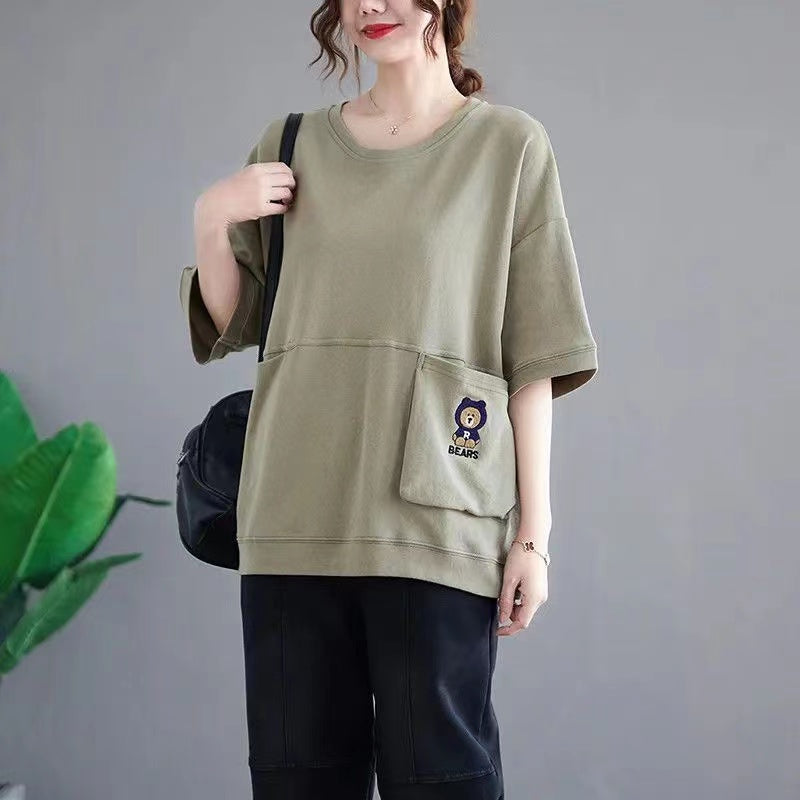 Embroidered Pocket Round Neck Short Sleeve T-Shirt Top