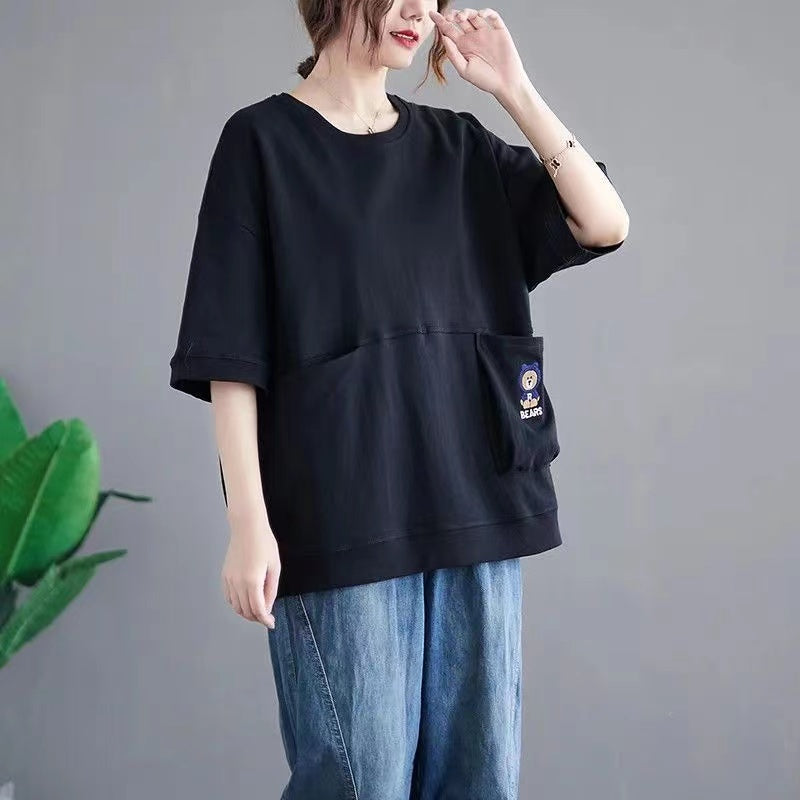 Embroidered Pocket Round Neck Short Sleeve T-Shirt Top