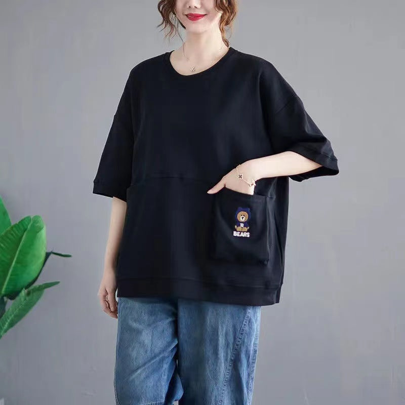 Embroidered Pocket Round Neck Short Sleeve T-Shirt Top