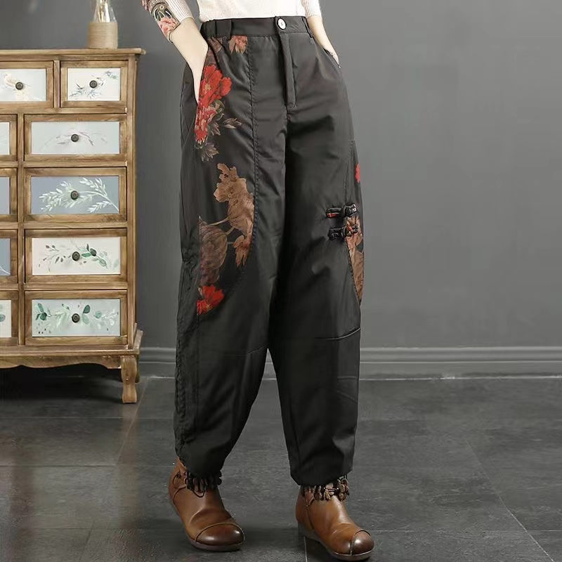 Vintage Patchwork Printed Down Down Drawstring Drawstring Winter Pants