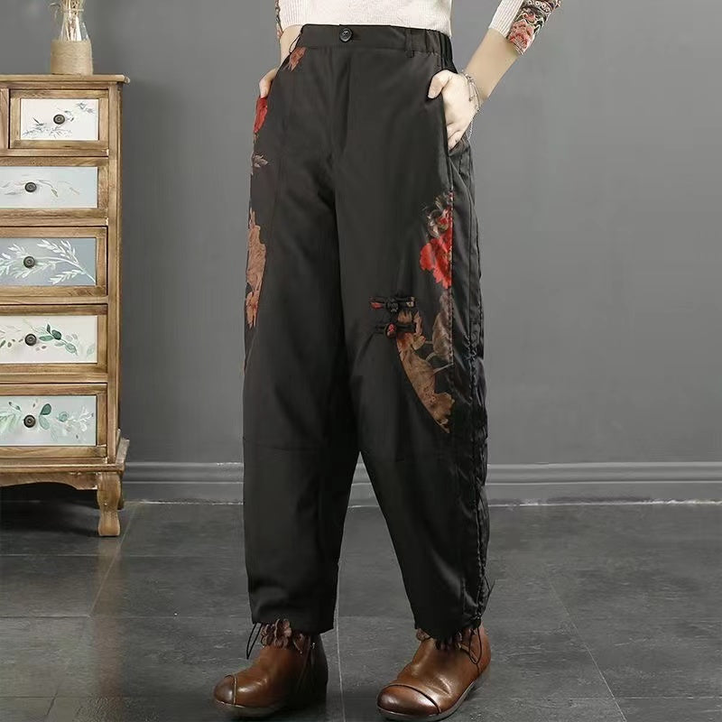 Vintage Patchwork Printed Down Down Drawstring Drawstring Winter Pants
