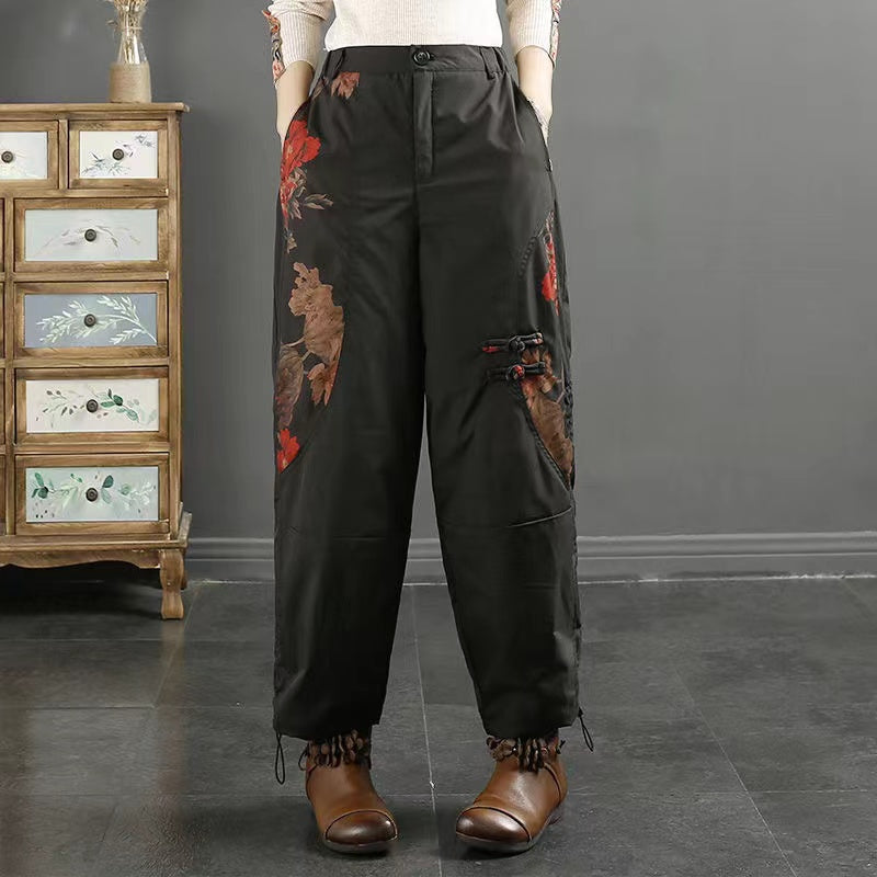Vintage Patchwork Printed Down Down Drawstring Drawstring Winter Pants