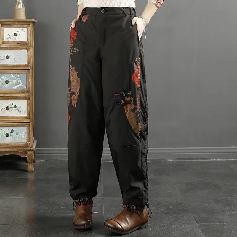 Vintage Patchwork Printed Down Down Drawstring Drawstring Winter Pants