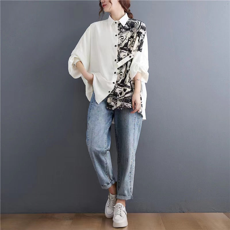 French Batwing Sleeve Black and White Patchwork Lapel Button Cardigan Shirt Top