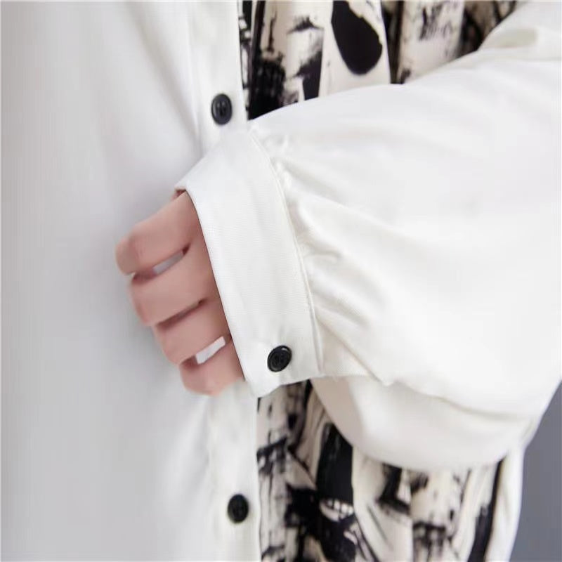 French Batwing Sleeve Black and White Patchwork Lapel Button Cardigan Shirt Top