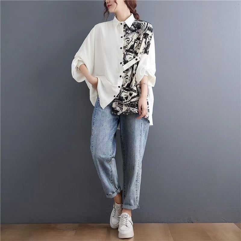 French Batwing Sleeve Black and White Patchwork Lapel Button Cardigan Shirt Top