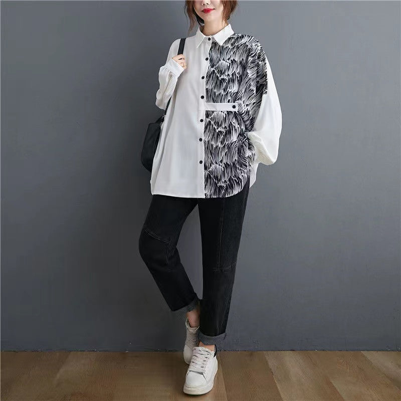 French Batwing Sleeve Black and White Patchwork Lapel Button Cardigan Shirt Top