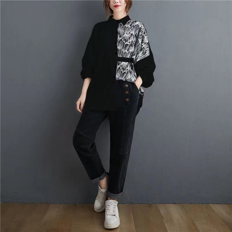 French Batwing Sleeve Black and White Patchwork Lapel Button Cardigan Shirt Top