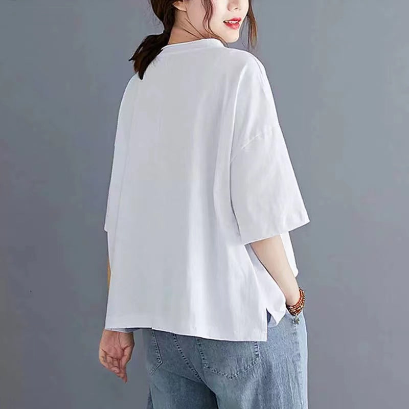 Vintage Printed Round Neck Short Sleeve T-Shirt Top