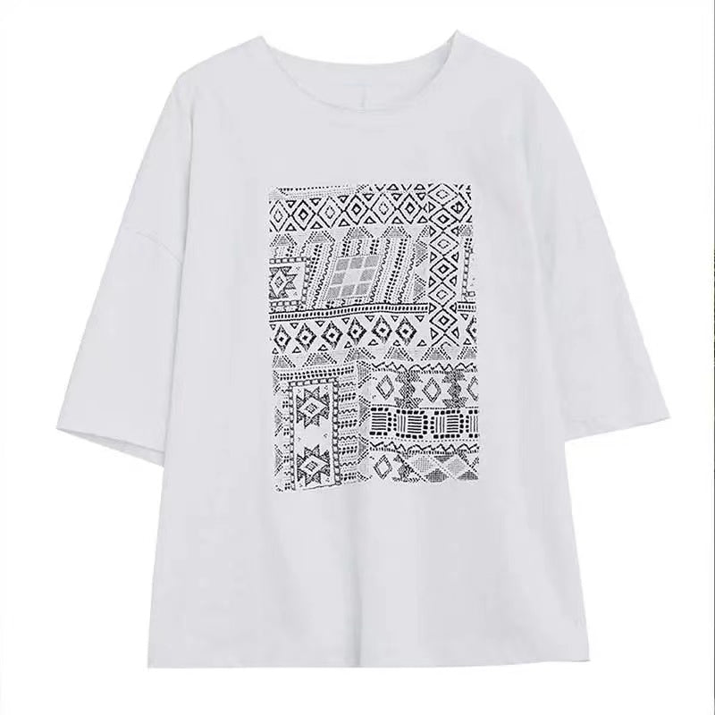 Vintage Printed Round Neck Short Sleeve T-Shirt Top