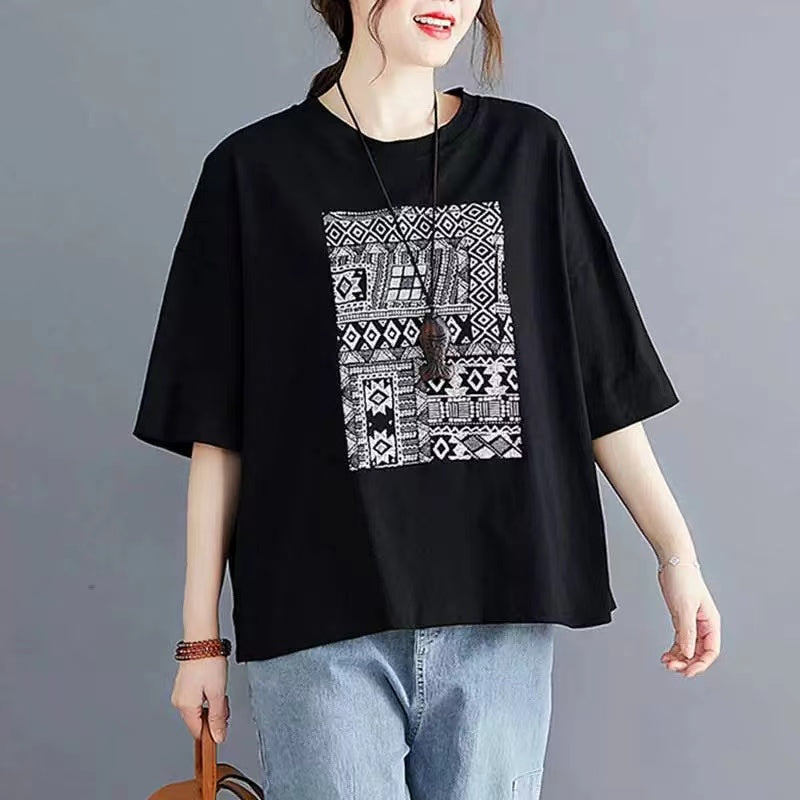 Vintage Printed Round Neck Short Sleeve T-Shirt Top