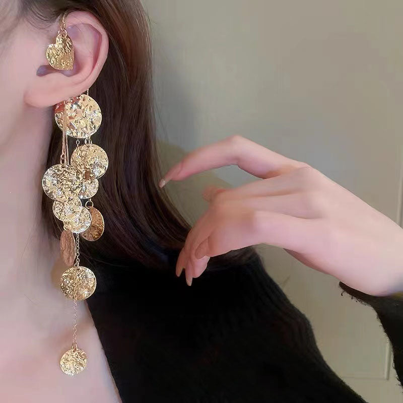 French Gold Tone Copper Tassel Fashion Sequin Dangle Earrings