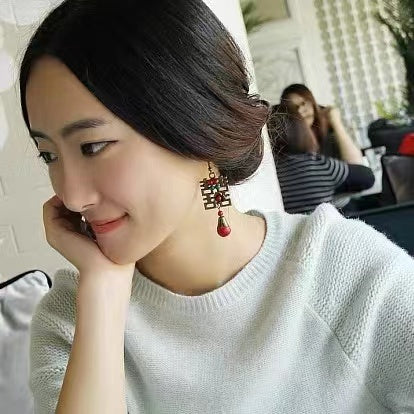 Chinese Style Double Happiness Dangling Earrings