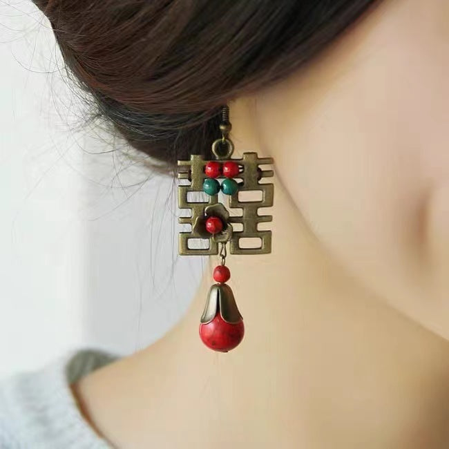 Chinese Style Double Happiness Dangling Earrings