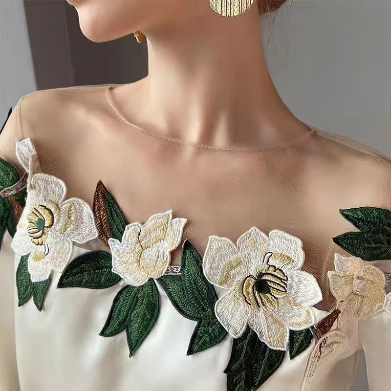 French White Elegant Lantern Sleeve Patchwork Blouse Top