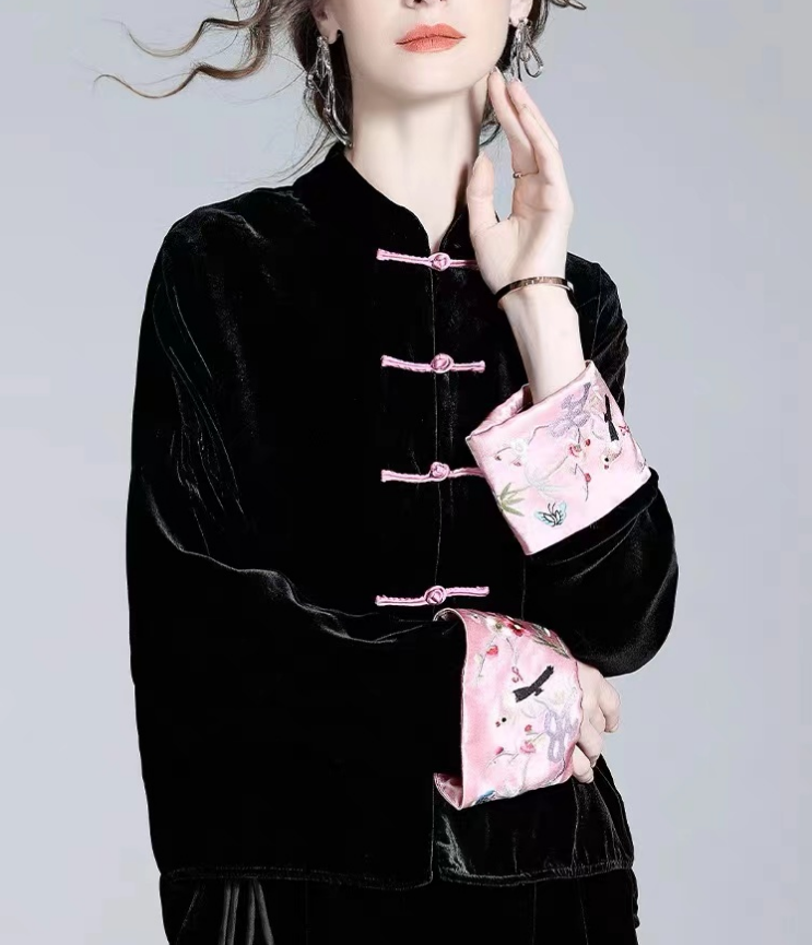 Chinese Style Black Embroidered Buttoned Velvet Blouse Top
