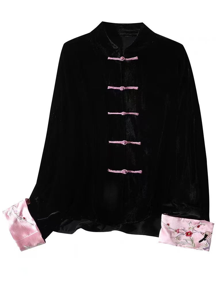Chinese Style Black Embroidered Buttoned Velvet Blouse Top