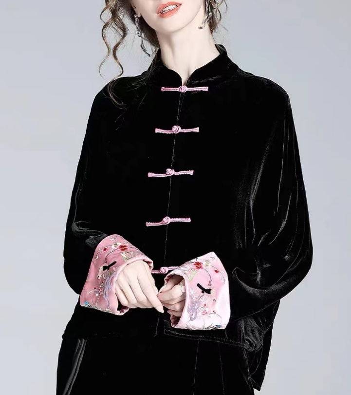 Chinese Style Black Embroidered Buttoned Velvet Blouse Top