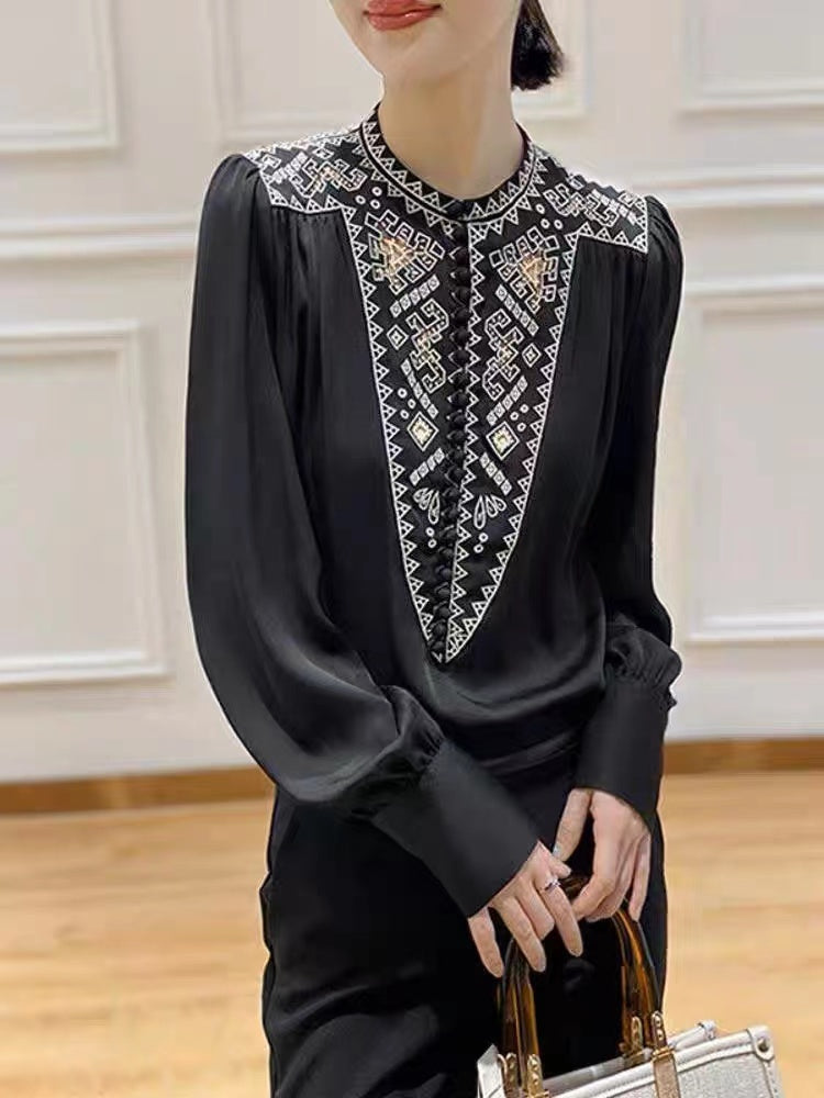 Chic O-Neck Embroidered Floral Pleated Shirt Long Sleeve