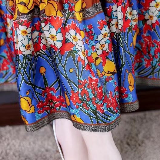 Bohemian V-neck printed silk beach dress