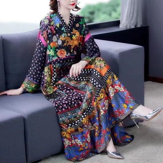 Bohemian V-neck printed silk beach dress