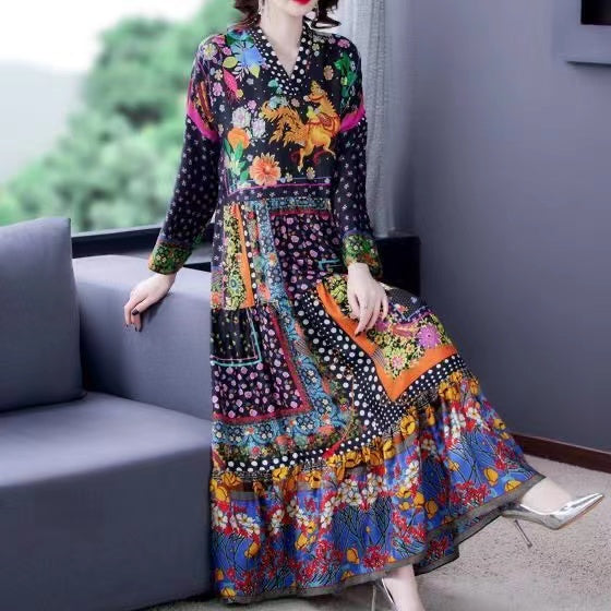 Bohemian V-neck printed silk beach dress