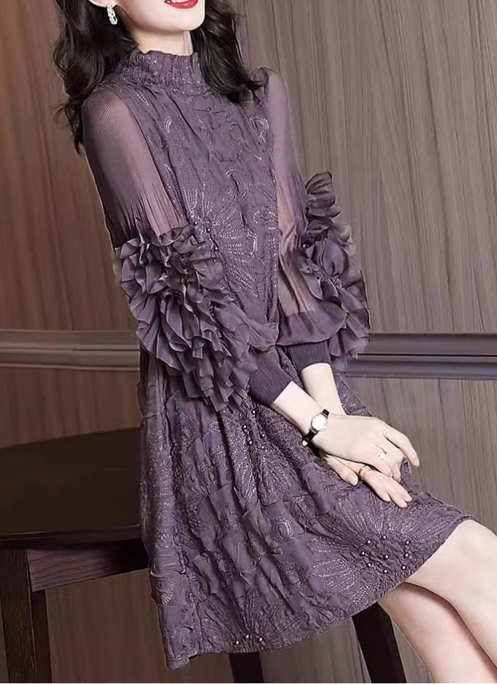 French Purple Stand Collar Embroidered Floral Embellished Long Sleeve Dress