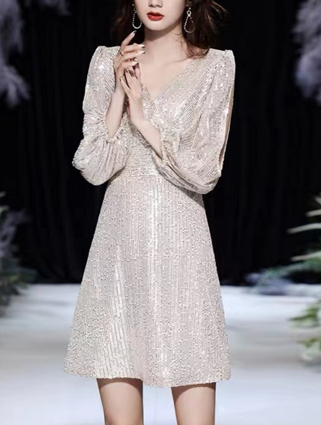Loose Sexy Sequins V-Neck Long Sleeve Party Dress