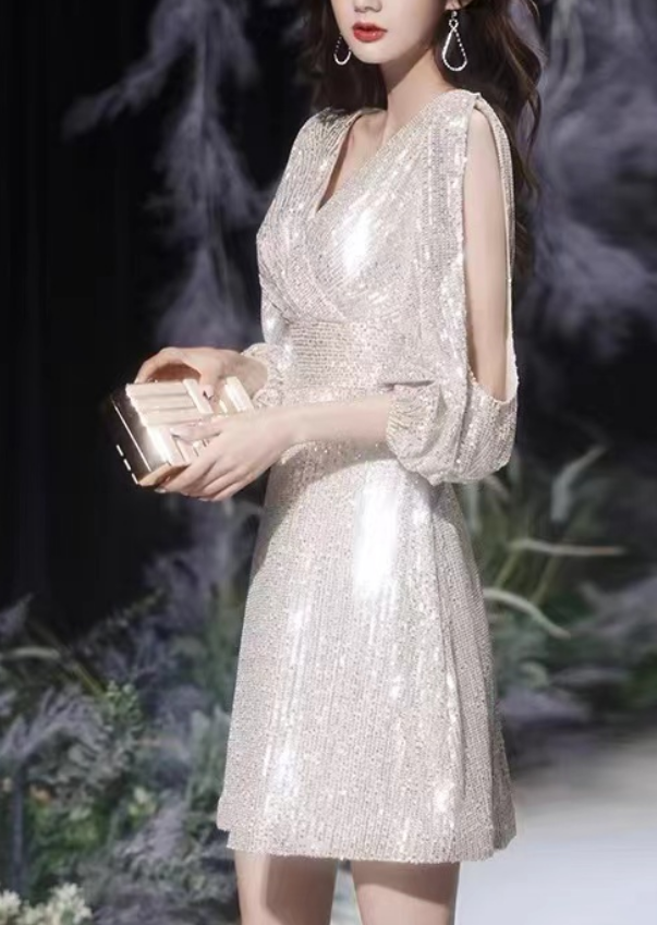 Loose Sexy Sequins V-Neck Long Sleeve Party Dress