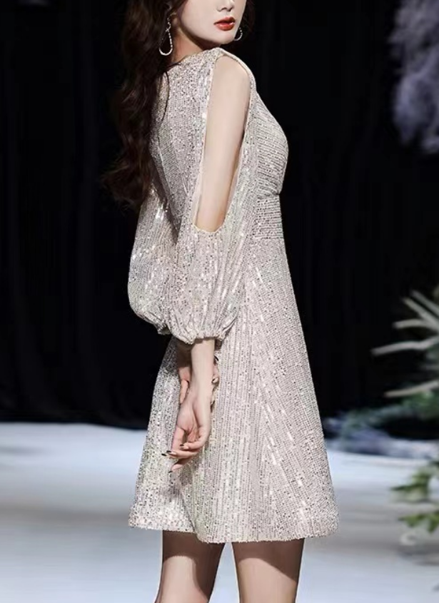 Loose Sexy Sequins V-Neck Long Sleeve Party Dress