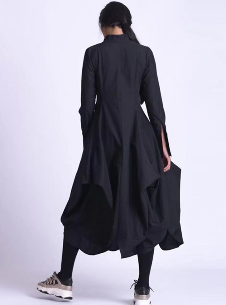 French Black Stand Collar Long Sleeve Asymmetric Button Dress