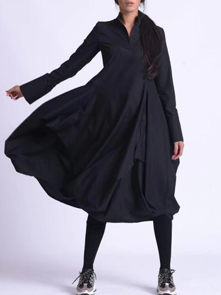 French Black Stand Collar Long Sleeve Asymmetric Button Dress