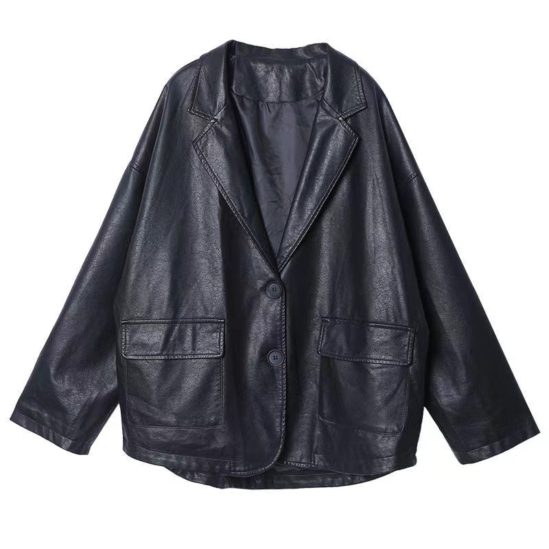 Vintage Suit Leather Pocket Button Jacket