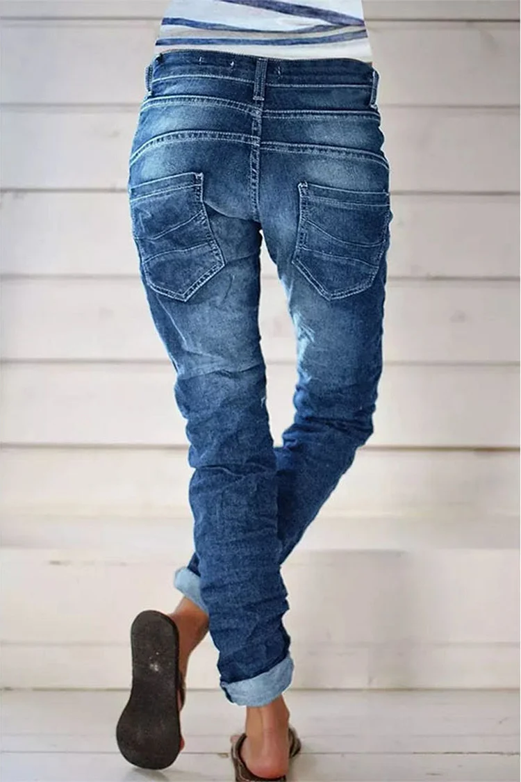 Organic denim street solid color distressed quilted high waisted jeans