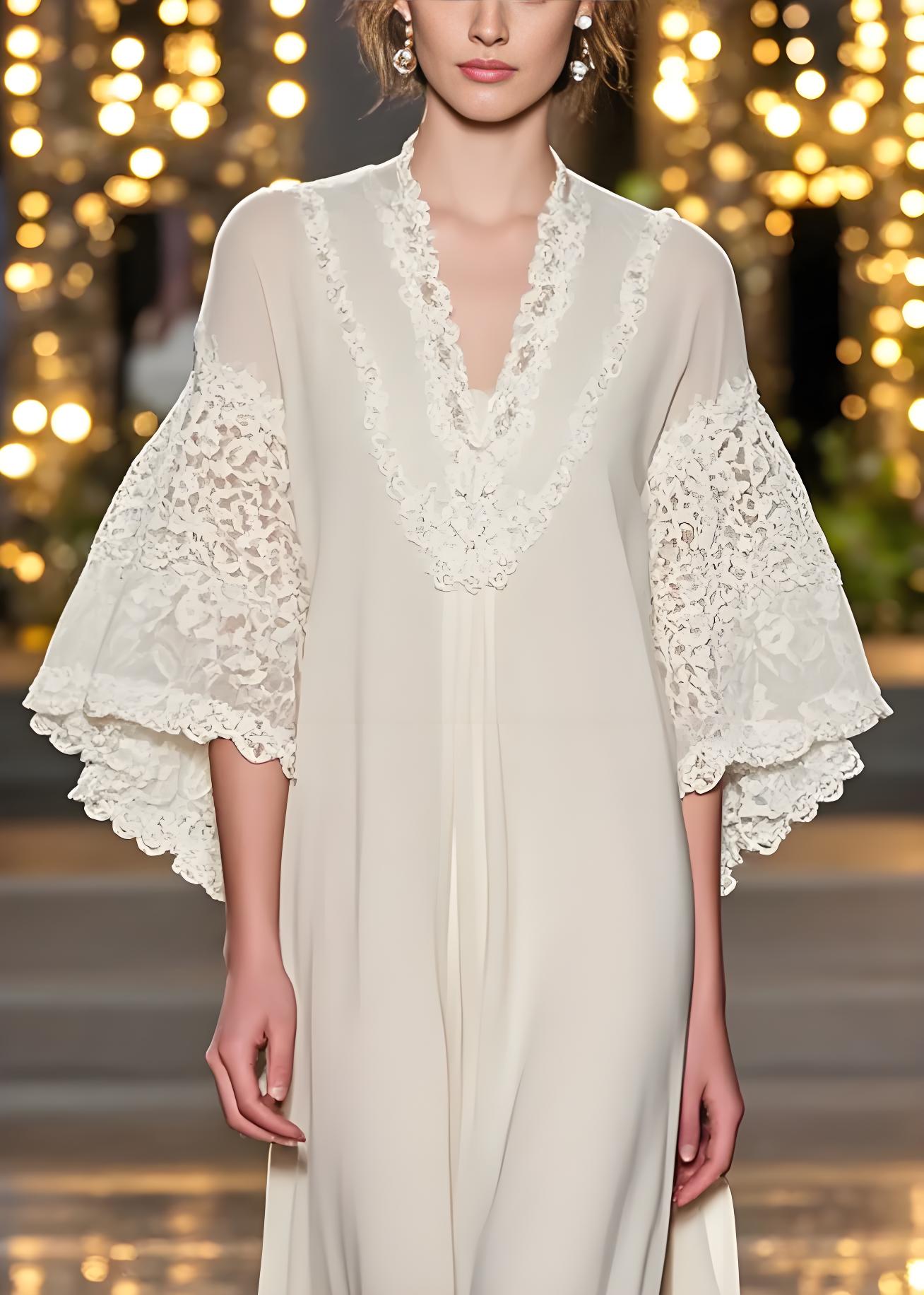 Women's Bohemian White V-Neck Patchwork Lace Ankle Flare Sleeve Dress