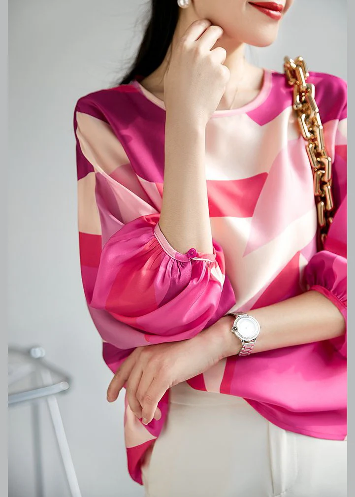 Elegant Round Neck Printed Button Silk Blouse Top