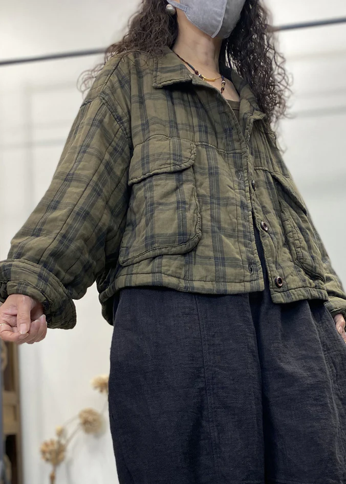 Plaid Button Patchwork Padded Cotton Coat Long Sleeve