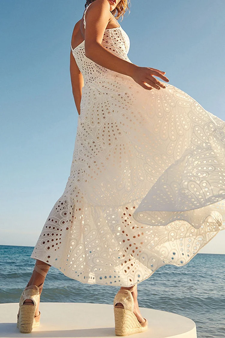 Italian Women's Elegant Solid Color Hollow Splicing Halter Dress Spring Summer