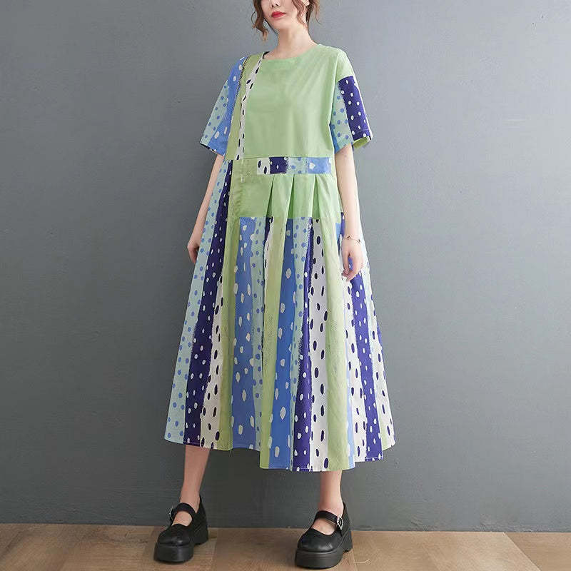 Loose Round Neck Spliced Color Block Polka Dot Short Sleeve Dress