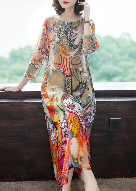 Women's Peacock Pattern Round Neck Printed Silk Vacation Dress Long Sleeve