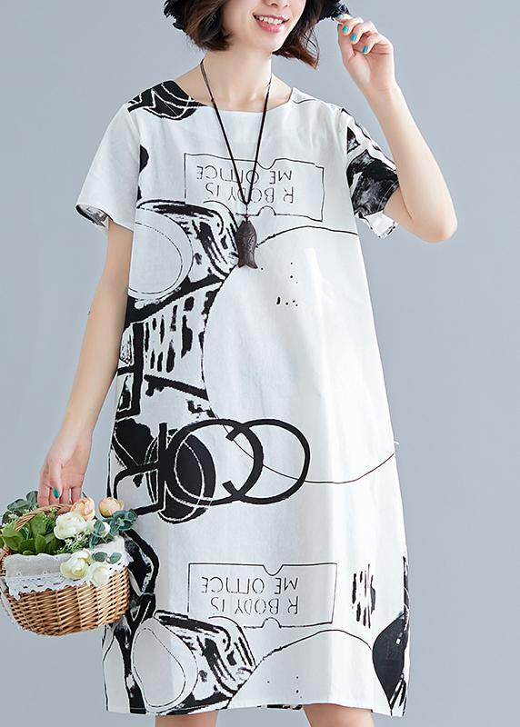 Elegant Printed Linen Short Sleeve Straight Dress