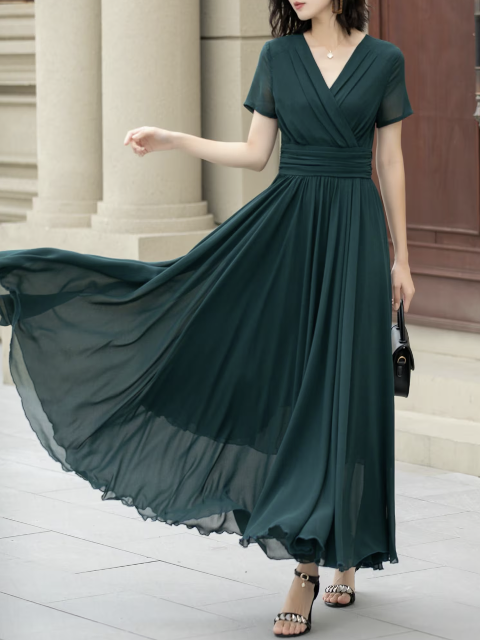 Chiffon Wedding Dresses, Green Long Bridesmaid Dresses, Short Sleeve Chiffon Dresses,, Prom Party Dresses