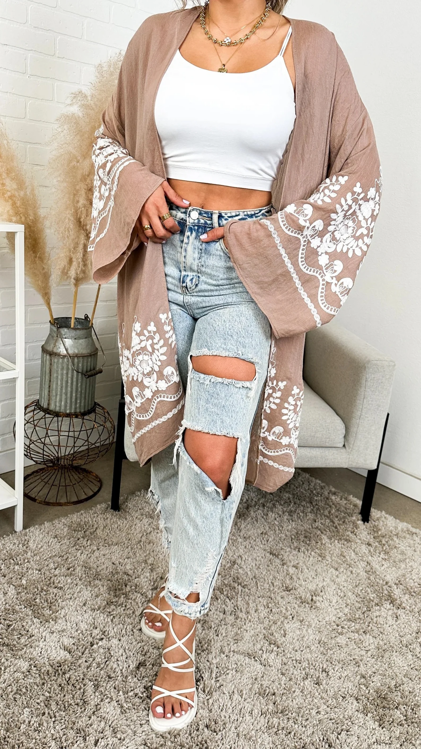 Women's Long Sleeve Embroidered Floral Lace Cardigan Kimono